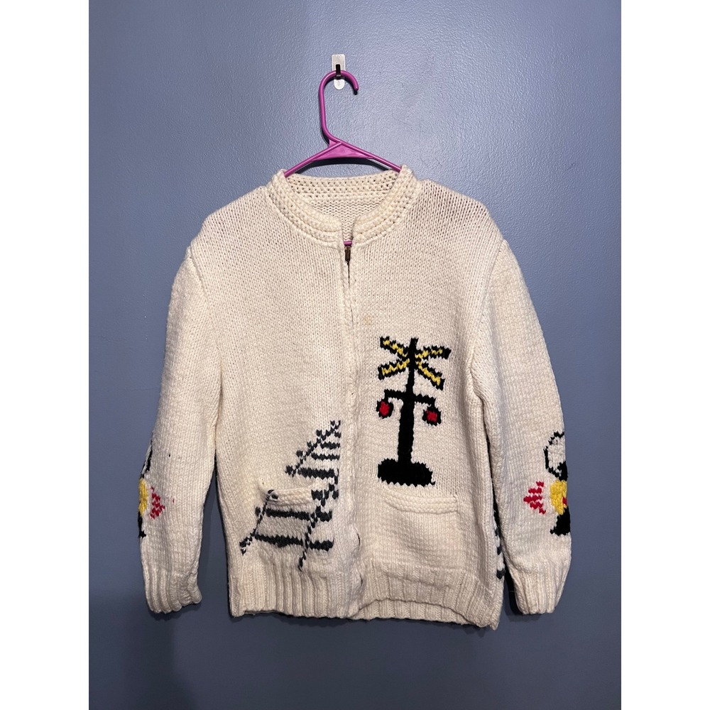 Vintage Mary Maxim Style Hand Knit 50s Zip Cardigan Sweater Railroad Trains S/M